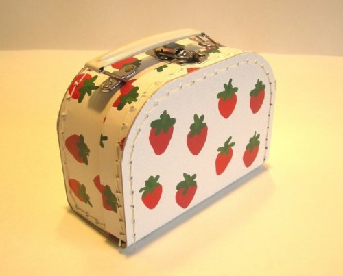 Koffer Pappe, weiß mit Erdbeeren,