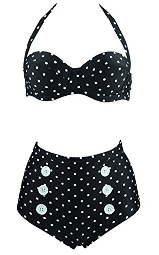 Cocoship Retro Polka Anchor Halter High Waisted Bikini buttons Vintage Swimsuit(FBA)