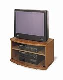 Oak Finish TV Stand with Glass Doors & Casters