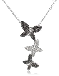 XPY 14k White Gold Black and White Diamond Triple Butterfly Pendant (1/5 cttw), 18"