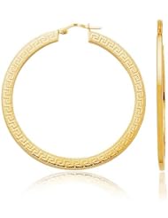 14K Yellow Gold Square Tube Greek Key Hoop Earrings (50 x 50 mm)