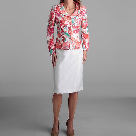 Le Suit 3-Button Pink Print Skirt Suit