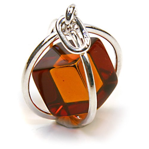 Millennium Collection Sterling Silver Spherical Pendant with Certified Genuine Honey Amber Cube