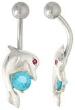 Dolphin Belly Button Ring with Blue Topaz Cubic Zirconia on Sterling Silver Setting