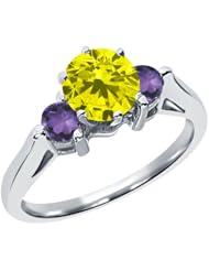 0.67 Ct Round Canary Diamond Purple Amethyst 18K White Gold 3-Stone Ring