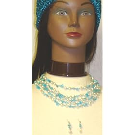 Four Strand Ivory Pearls and Turquoise Blue Beads Short Chain Necklace with and Earrings