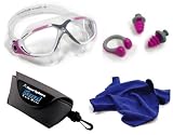 Aqua Sphere Vista Swim Goggles Pink with Earplugs Dry Towel for Women’s Swimming Gear Package Set