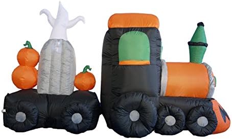 Halloween Decoration Inflatable Skeleton, Pumpkins, Ghost, Tombstone On Train Includes Inflation Fan, Ground Stakes Tethers, Lighting. Lights Up At Night