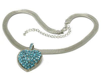 Click here to buy Aqua Glamorous Crystal Heart Pendant Silver Mesh Chain Necklace Jewelry.