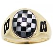 #8 Checkered Flag Onyx and Mother of Pearl Gold Ring-Mens Ring in 10K Yellow Gold