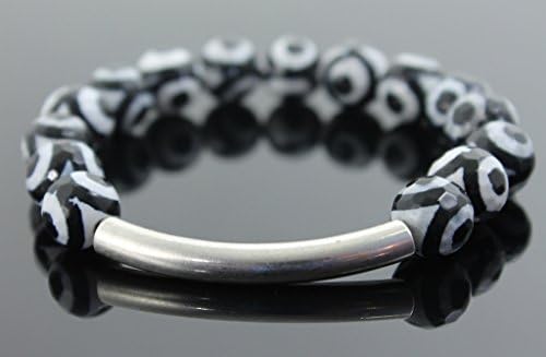 Bearberry Tibetan Dzi Agate Stretch Beaded Silver Bangle