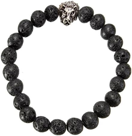 Black Lava Rock Beads Silver Lion Head Bracelet For Men