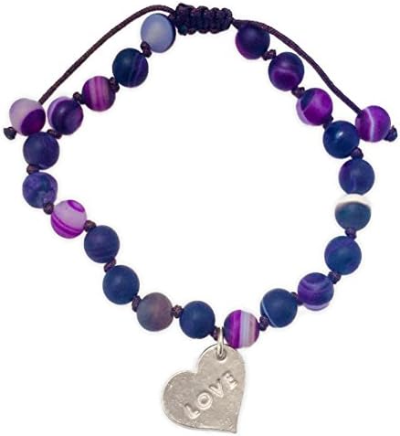 Purple Agate Love/Aloha Adjustable Bracelet, Silver Tone Heart Charm