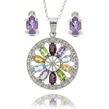 Sterling Silver Genuine Multi Color Gemstones Diamond Accent Medallion Pendant and Earring Set