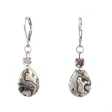 Earrings - E343 - Genuine Grey Crazy Lace Agate Gemstone and Fire Polished Glass ~ Oval (Sm)