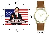 Barack Obama Picture - Yes We Can - US Flag Background - President Barack Obama Commemorative - WATCHBUDDY&reg; DELUXE TWO-TONE THEME WATCH - Arabic Numbers - Brown Leather Strap-Size-Women's Size-Small