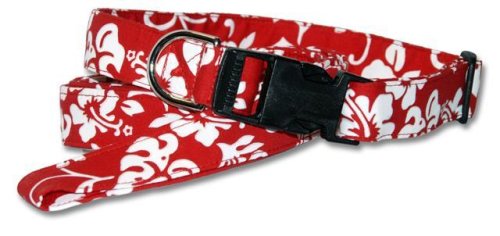 Designer Hawaiian Dog Collar - Red Hawaiian Print Collar - Large - Made in USA