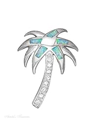 Sterling Silver 18" .8mm Wide Box Chain Necklace With Blue Opal Palm Tree Cubic Zirconia Trunk Pendant