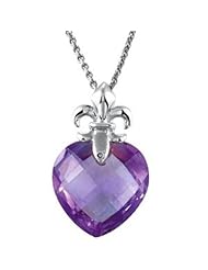 Genuine Amethyst Heart with Fleur-de-lis Design Pendant in Sterling Silver