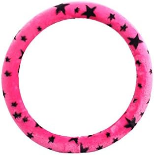 Houyue Anti-slip Faux Fur Car Steering Wheel Cover for Girls Warm for Winter,Fit Outer Diameter 14.5-15 Inches Steering Wheels (Hot Pink with Stars)