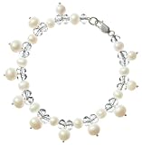 Sterling Silver 6.5-7mm White Freshwater Cultured Pearl Dangles Bracelet w/ 6.5-7mm Faceted Crystal Accent