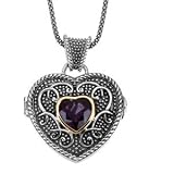 Sterling Silver and 14K Yellow Gold Heart Locket Necklace with Amethyst