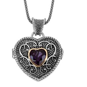Sterling Silver and 14K Yellow Gold Heart Locket Necklace with Amethyst