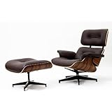 Modern Classic Plywood Lounge Chair & Ottoman with Dark Walnut Base & Brown Leather Uphostery - Ships in 24 Hours with Money Back Guarantee