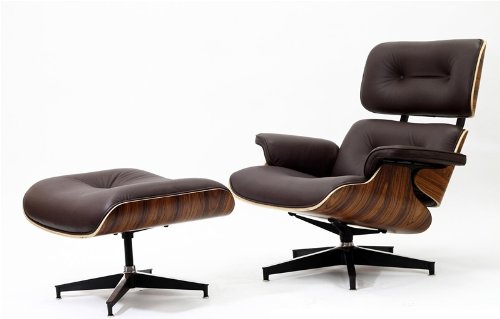 Modern Classic Plywood Lounge Chair & Ottoman with Dark Walnut Base & Brown Leather Uphostery - Ships in 24 Hours with Money Back Guarantee!