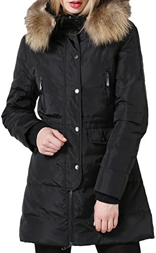 OUSION Women's Hood Fur Collar Warm Winter Long Down Coat Jacket Black 4XL