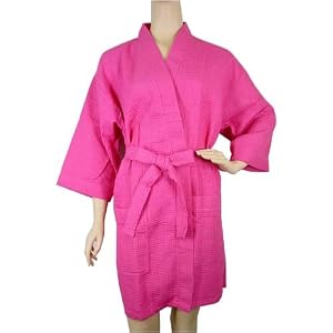 Pink Fuschia Waffle Weave belted shortie travel spa bathrobe robe