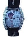 Elvis in white smoking watch.Silver tone case with strass type stones. Rectangular shape, size 1.5 x 1.1.25 inches ref:E8198