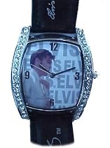 Elvis in white smoking watch.Silver tone case with strass type stones. Rectangular shape, size 1.5 x 1.1.25 inches ref:E8198