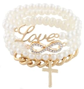 Ladies Ivory White & Gold with Clear Iced Out Infinity Sign Charm with Script Love Cross & Chain Bundle Stretch Bracelet