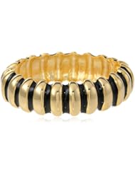 Kenneth Jay Lane Polished Gold and Black Enamel Ribbed Hinged Bracelet, 9"