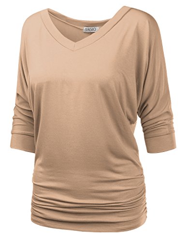 BIADANI Womens 3/4 Sleeve Dolman Drape Top with Side Shirring (S-5X)