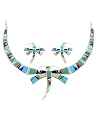 Multicolor Inlay Dragonfly Silver Link Necklace Earrings Set RS74382