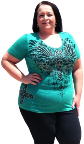 Vocal Plus Size Ribbed Short Sleeve Tee Winged Cross Graphic and Stones (2X: Bust: 40-48inches, Jade)