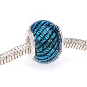 Lightweight Hand Blown Trans. Aqua Blue Glass With Black Stripes - Fits Pandora 14mm (1)