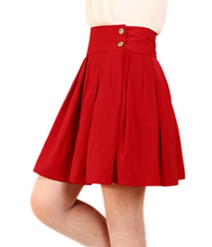 Chouyatou Women's Double Waist Side Buttons Pleated Skirt (Medium, Red)
