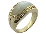 White Mother Of Pearl Rivus with Greek Key Border Ring, 14k Gold