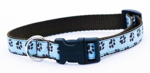 Medium Blue/Brown Puppy Paws Dog Collar: 3/4" wide, Adjusts 13-20".