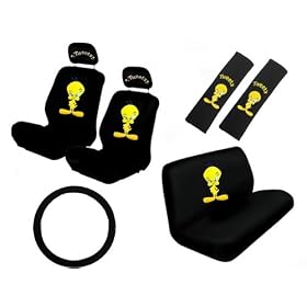 11pc Tweety Bird Attitude Set - Seat Covers w/ Headrests, Shoulder Pad, Steering Wheel & Bench Cover