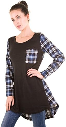 Women's Round Neck Long Sleeve Back Plaid Flowy Tunic Top (Black,Small)