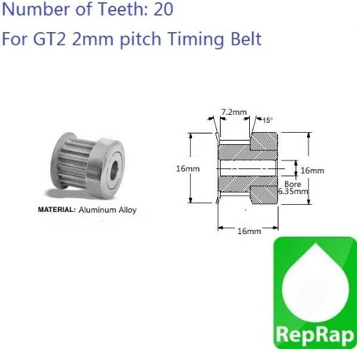 RepRap GT2 20T 1/4" (6.35mm) Bore Aluminum Timing Belt Pulley for Prusa 3D Printer CNC NEMA