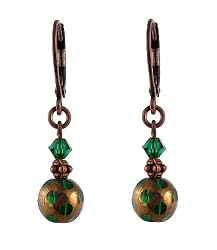 Earrings - E276 - Crystal and Copper Plated Polka Dot Glass Beads ~ Emerald Green
