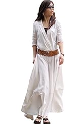 V-neck Belted Cotton/Linen Fall  Dress