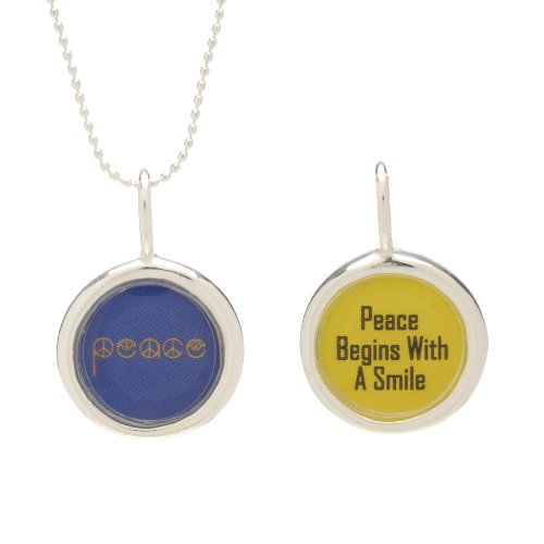 Sterling Silver Epoxy Peace Begins w a Smile Reversible circle Picture Frame Pendant, 18″