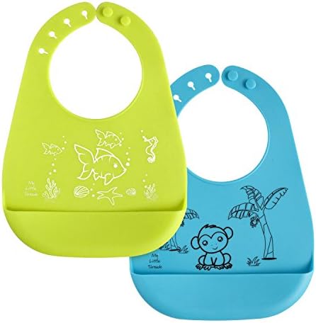 Silicone Baby Bibs with Crumb Catcher Food Pocket - Waterproof and Stain Resistant - Fun Cute Unisex Designs are Easy to Carry and Easy to Clean