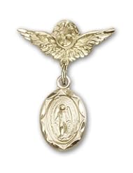 14K Gold Baby Badge with Miraculous Charm and Angel with Wings Badge Pin